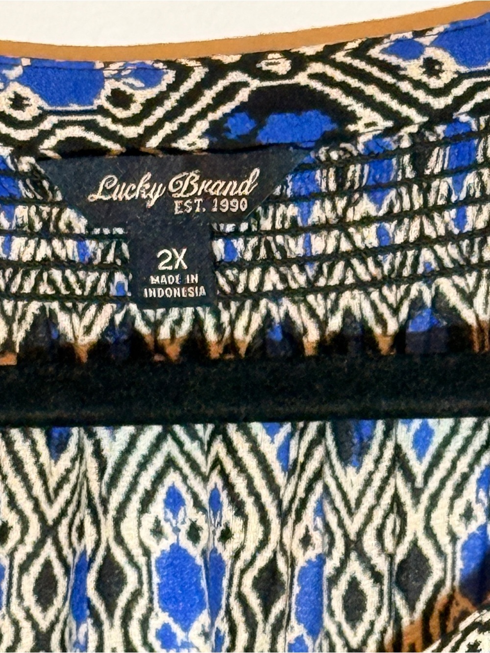 Lucky Brand Blue and Black Geometric Print Peasant Blouse - Picture 2 of 9